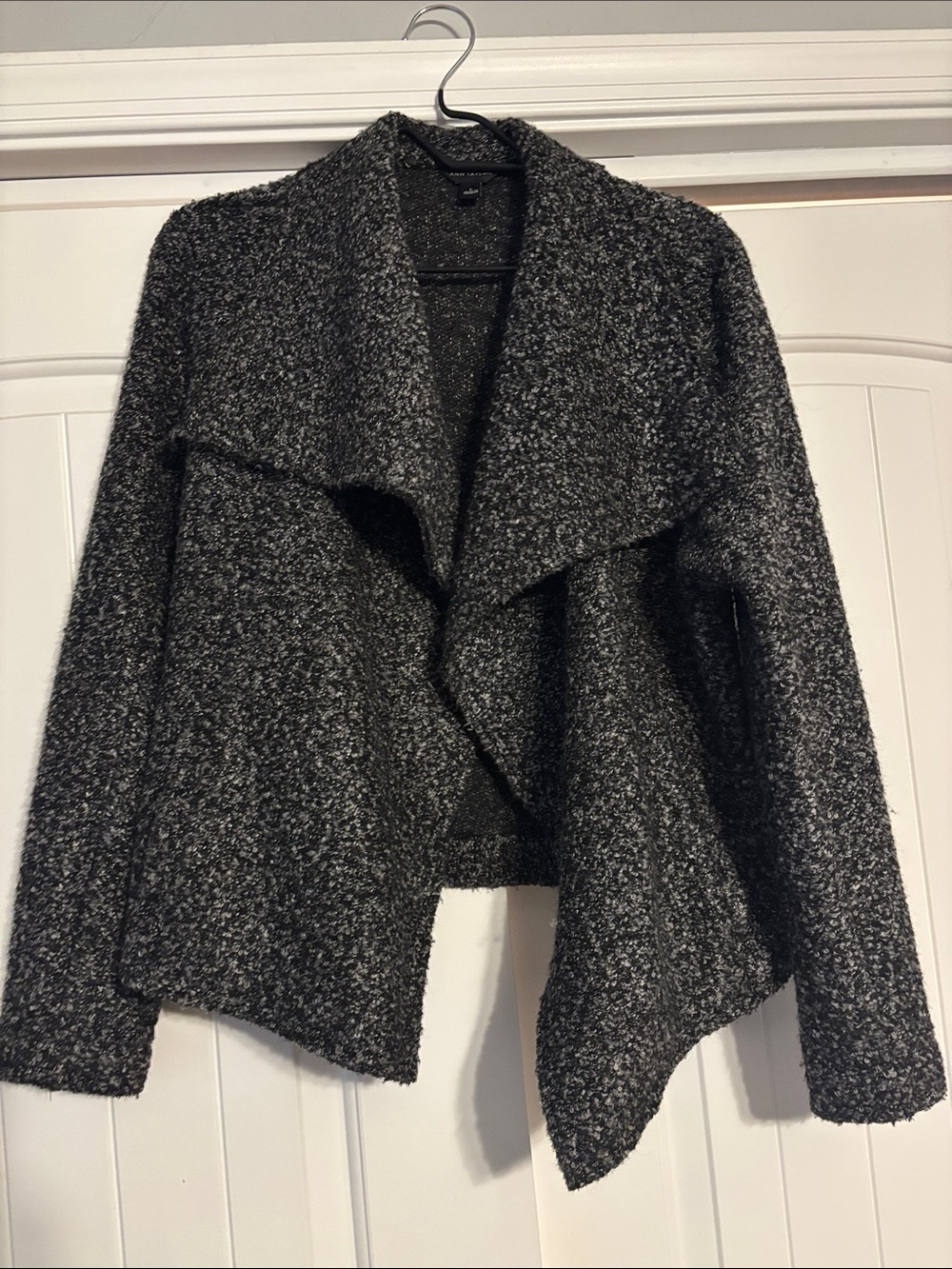Ann Taylor Charcoal Gray Bouclé Draped Open-Front Cardigan
